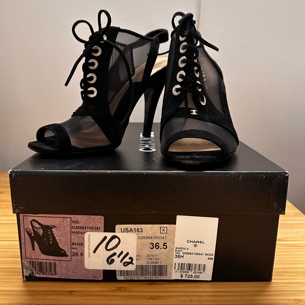 CHANEL mesh black lace up heels size 36.5